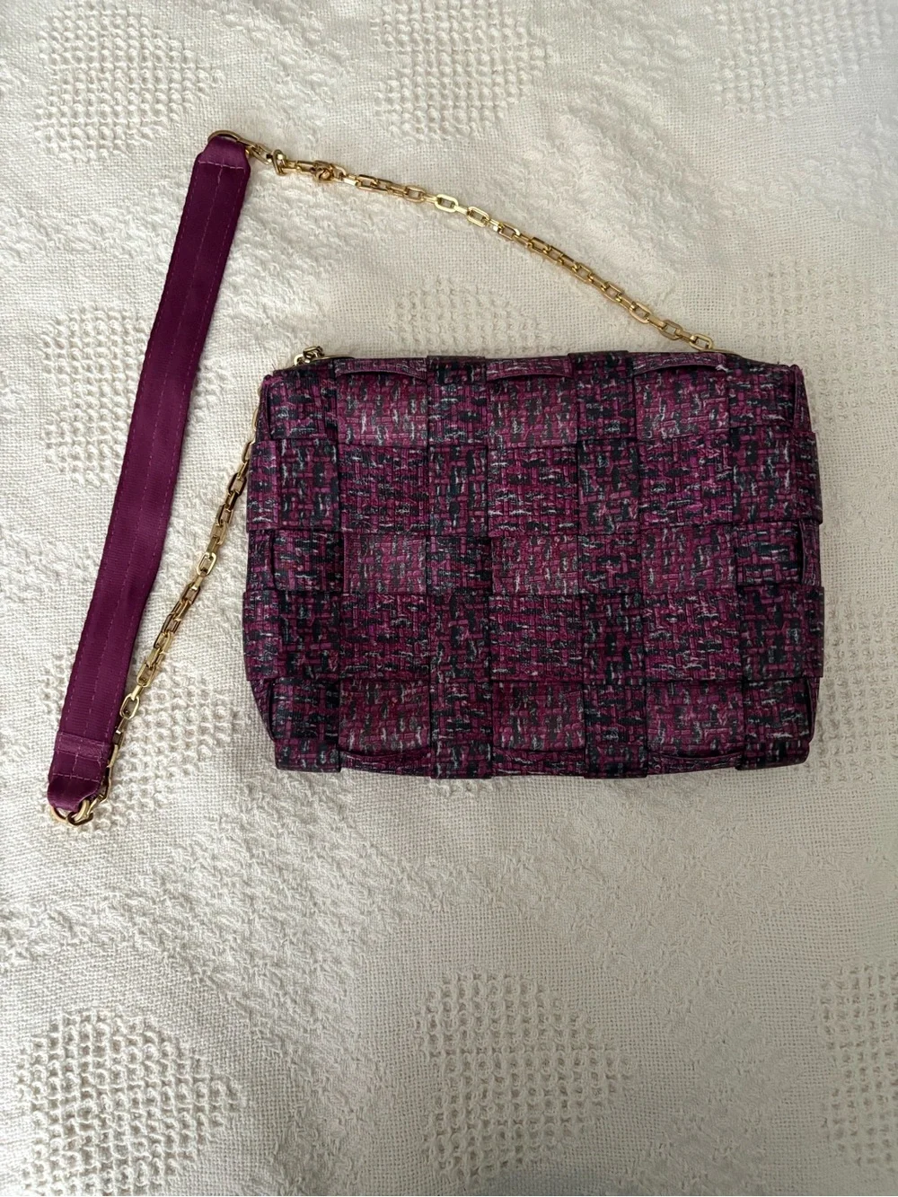 Plum Quilted Tweed Crossbody Bag with Gold-Tone Chain Strap